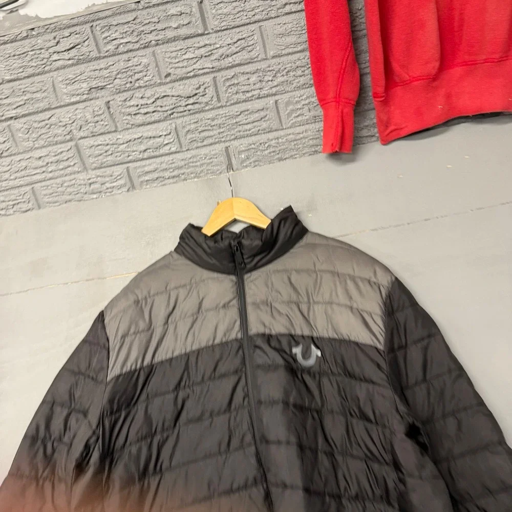 True‎ Religion Mens Puffer Jacket Black Grey Colorblock Full Zip Logo Coat